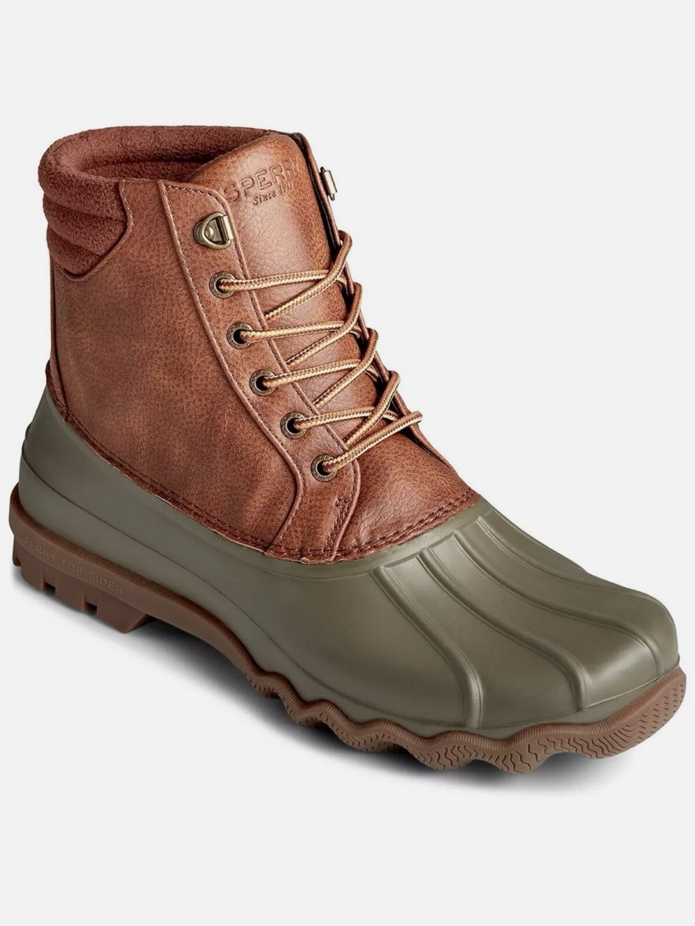 Sperry Avenue Brown Leather Olive Green Duck Boot Lace-Up Waterproof - Like New!